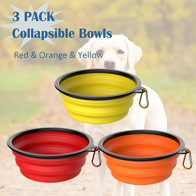 Takfox Collapsible Dog Bowls [3 Pack] 20 oz, Travel Dog Bowls, Pet Bowl Portable Foldable Water Food Feeding Dishes with Carabiner Clip for Traveling Hiking Walking-Red & Orange & Yellow