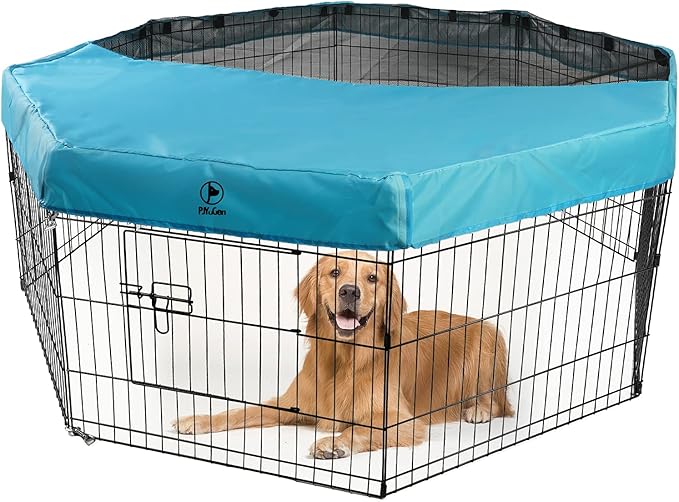 PJYuCien Dog Playpen Mesh Top Cover, Fits 24 Inch 8 Panels Regular Octagon Metal Exercise Pet Pen, Adhesive Tape Connections, Blue (Note: Cover Only, Fence Not Included)