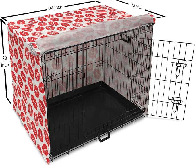 Lunarable Kiss Dog Crate Cover, Rhythmic Make up Red Luscious Lips Lipstick Imprint Illustration, Easy to Use Pet Kennel Cover for Cats & Medium Dogs, 24 Inch, Dark Pink and White