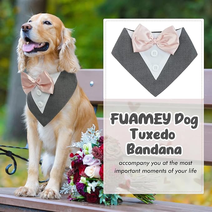 FUAMEY Dog Tuxedo,Formal Dog Wedding Bandana Dog Collar with Bow Tie Dog Birthday Costume Adjustable Pet Party Tux Dog Wedding Attire,Dog Valentines Outfit Cosplay for Small Medium Large Pets Grey L