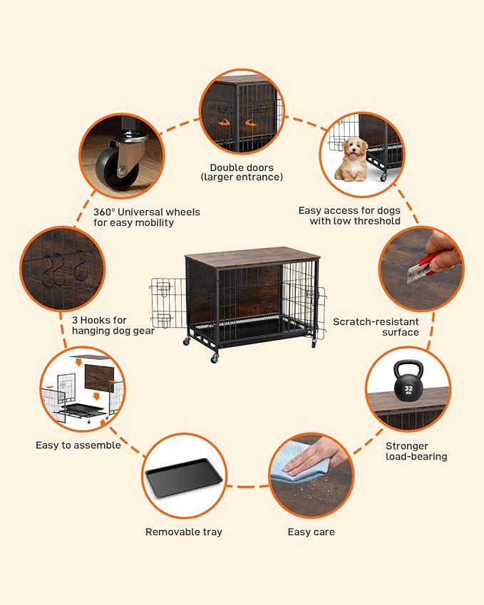Dog Crate Furniture, Dog Kennel Indoor Double Doors Wooden Dog Cage, 27'' Dog Crate with Pull-Out Tray & Removable Wheels, Decorative End Table Pet House Chew-Resistant for Small Dog, Rustic Brown