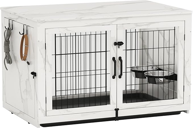 Piskyet Wooden Dog Crate Furniture with 360°Rotatable Removable Dog Bowls, Dog Crate End Table with Tray, Double Doors Dog Kennels for Dogs(XL:43.2" L*28.6" W*30.3" H, Marble White)