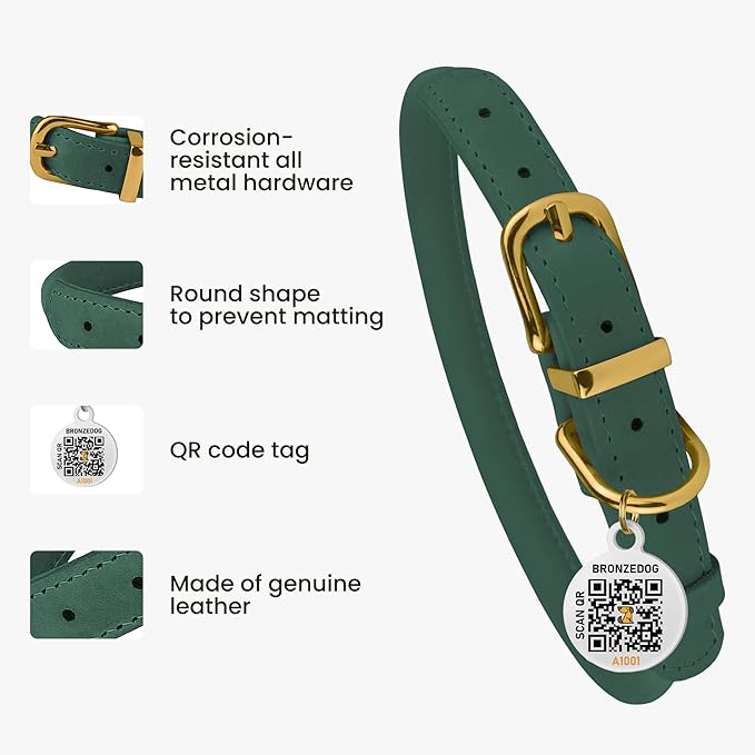 BRONZEDOG Rolled Leather Dog Collar with QR ID Tag Adjustable Soft Round Collars for Small Medium Large Dogs Puppy Cat (Emerald Green, 11" - 14 1/2" Neck Size)