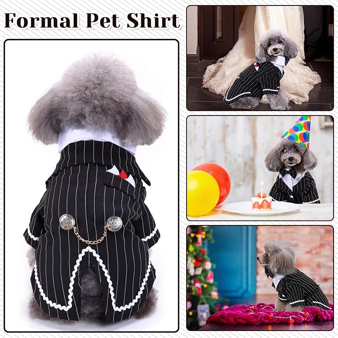 DENTRUN Dog Tuxedo Suit with Bow Tie - Formal Black & White Striped Pet Costume Shirt, Elegant Wedding Outfit Birthday Party Attire for Maltese Dachshund Yorkie Puppies Shih Tzu Small Medium Dogs, M