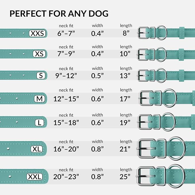 CollarDirect Rolled Leather Dog Collar, Soft Padded Round Puppy Collar, Handmade Genuine Leather Collar Dog Small Large Cat Collars 13 Colors (11-14 Inch, Mint Green Textured)