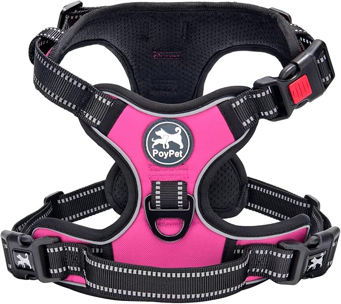 PoyPet No Pull Dog Harness, No Choke Front Lead Dog Reflective Harness, Adjustable Soft Padded Pet Vest with Easy Control Handle for Small to Large Dogs(Pink,S)