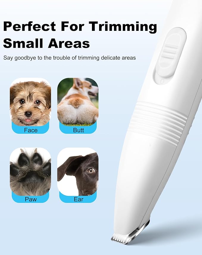Dog Grooming Clippers, Dog Paw Trimmer with Detachable Ceramic Blade for Trimming Small Areas of Pet's Hair, Low Noise Paw Grooming Shaver for Cat's Eyes Face Ears Paws (White)