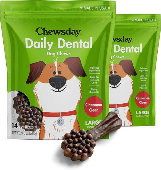 Chewsday Large Cinnamon Clean Daily Dental Dog Chews, Made in The USA, Natural Highly-Digestible Oral Health Treats for Healthy Gums and Teeth - 28 Count