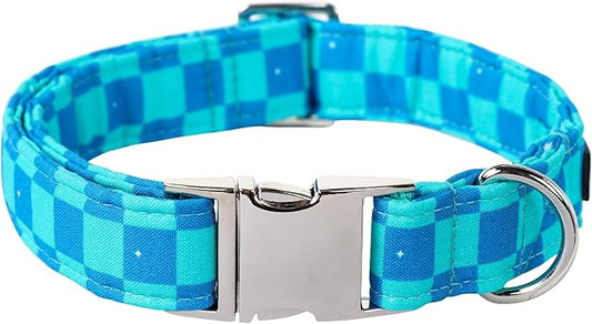 Maca Bates Checkered Mint Blue Dog Grid Collar for Small Dogs Adjustable Plaid Collars Accessories Gift for Small Medium Large XL Puppy with Golden Metal Buckle