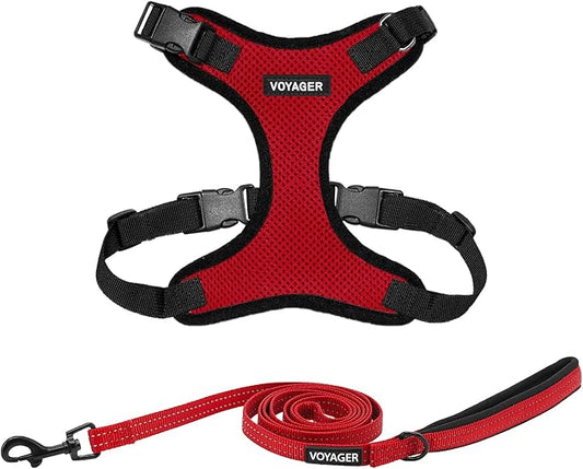 Voyager Step-in Lock Dog Harness w Reflective Dog Leash Combo Set with Neoprene Handle 5ft - Supports Small, Medium and Large Breed Puppies/Cats by Best Pet Supplies - Red/Black Trim, XS