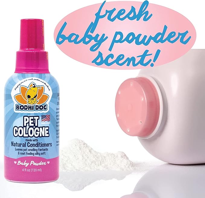 Bodhi Dog Baby Powder Scented Cat & Dog Cologne 4oz + Oatmeal Dog Shampoo & Conditioner for Pet Grooming 8oz | Moisturizing Dog Shampoo for Sensitive Skin | Deodorizing Cat and Dog Grooming Bundle