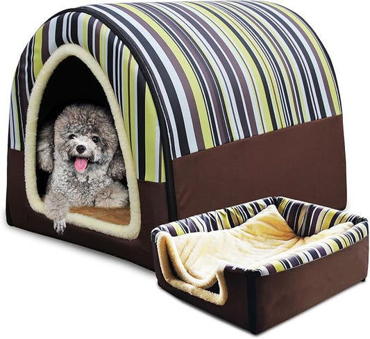 Dog Bed or Cat Bed,2 Ways to Use,Indoor Pet House with Fluffy Mat,Removable and Washable Cover,Splash-Proof House and Non-Slip Bottom,for Cats and Small Dogs(M Vertical Stripes)