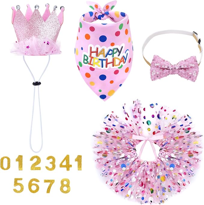 hoyuwak Dog Birthday Party Supplies Girl Dog Birthday Bandana Tutu Set Cute Hat Bow Tie Set for Large Medium Small Dogs