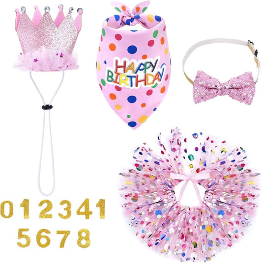 hoyuwak Dog Birthday Party Supplies Girl Dog Birthday Bandana Tutu Set Cute Hat Bow Tie Set for Large Medium Small Dogs