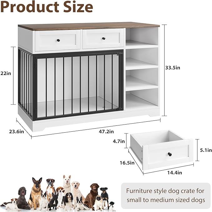 Dog Crate Furniture 47”, Large Dog Crate TV Stand with 2 Drawers and 4 Shelves, Wooden Dog Kennel Indoor, Decorative Dog Cage with Storage for Large Dogs, White