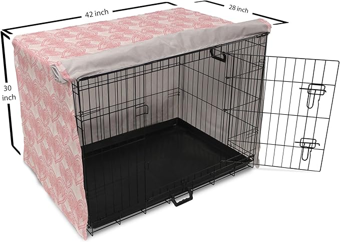 Ambesonne Heart Dog Crate Cover, Love Themed Pastel Zentangle Ornament Valentine's Day Romance Repetition, Easy to Use Pet Kennel Cover for Medium Large Dogs, 42 Inch, Pink White