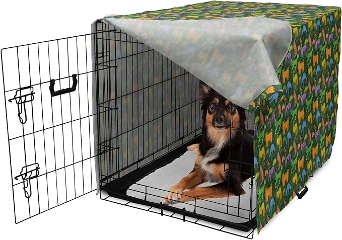 Ambesonne Dog Dog Crate Cover, Illustration of Various Colorful Animals Assorted Cartoon Style Pets, Easy to Use Pet Kennel Cover for Medium Large Dogs, 36 Inch, Hunter Green Multicolor