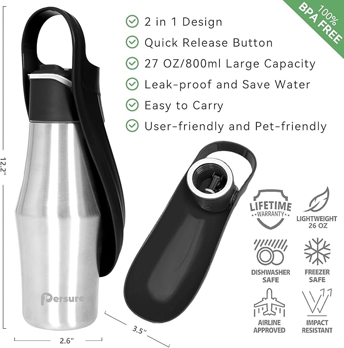 27 OZ Dog Water Bottle Portable Stainless Steel Convenient Pet Water Dispenser, Leak Proof Puppy Travel Water Bowl for Dog Outdoor Walking, Hiking, Perfect Size for All Dog Breeds, Black