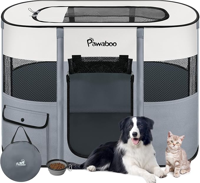 Dog Playpen, Portable Pet Playpen Cat PlayPen, 600D Oxford Dog Kennel Tent Crate, Waterproof&Breathable, Indoor Outdoor Travel Camping Use for Medium/Large Breed with Carrying Case+Folding Bowl,M,Gray