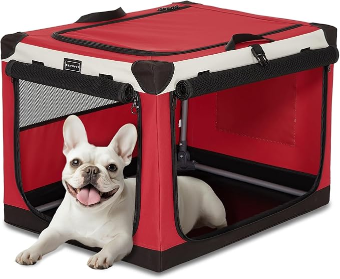 PETSFIT Portable Dog Crate, with Patented Adjustable Fabric Cover, Chewproof & Lockable Mesh Doors, Waterproof Base Portable Kennel Red 26 Inch