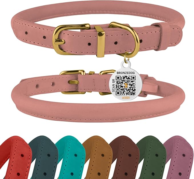BRONZEDOG Rolled Leather Dog Collar with QR ID Tag Adjustable Soft Round Collars for Small Medium Large Dogs Puppy Cat (14" - 16" Neck Size, Blush)