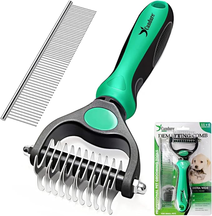 Candure Pet Friendly Double-Sided Dematting Undercoat Rake and Comb for Effective Hair Removal and Shedding Control in Dogs & Cats (Small, Green)