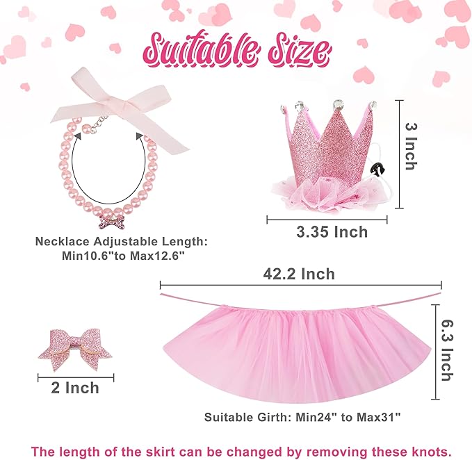 Dog Birthday Party Supplies Dog Birthday Outfit Pink Tutu for Dogs Dog Birthday Hat Necklace and Bowtie Hairpin for Dogs (24-31 inch Wrist)
