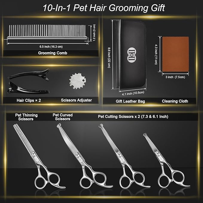 CIICII Dog Grooming Scissors Kit, 10-In-1 Professional Pet Grooming Scissors Set with Safety Round Tip (Dogs/Cat Hair Cutting Trimming Thinning Shears with Curved Scissors) for DIY Home Salon (Silver)
