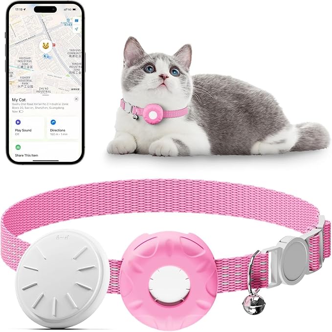 Pet Tracker for Cats,GPS Cat Tracker,Smart Pet Location Tracker with Collar and Holder,Waterproof Cat GPS Tracker Tracking Device,No Monthly Fee,Works with Apple Find My(iOS Only)-Pink