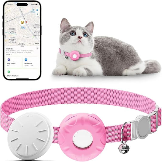 Pet Tracker for Cats,GPS Cat Tracker,Smart Pet Location Tracker with Collar and Holder,Waterproof Cat GPS Tracker Tracking Device,No Monthly Fee,Works with Apple Find My(iOS Only)-Pink
