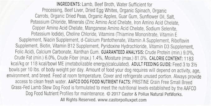 CASTOR & POLLUX Pristine Grass-Fed Lamb Stew Small Breed Dog Food, 3.5 OZ