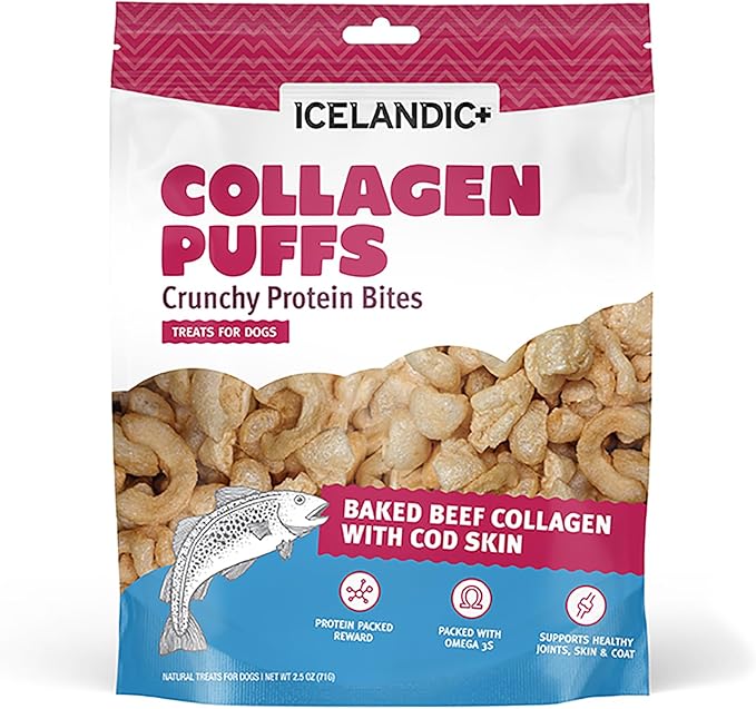 Icelandic+ Collagen Puffs: Baked Beef Collagen with Cod Skin 2.5oz - Treats for Med-Lg Dogs, Crunchy Protein Bites