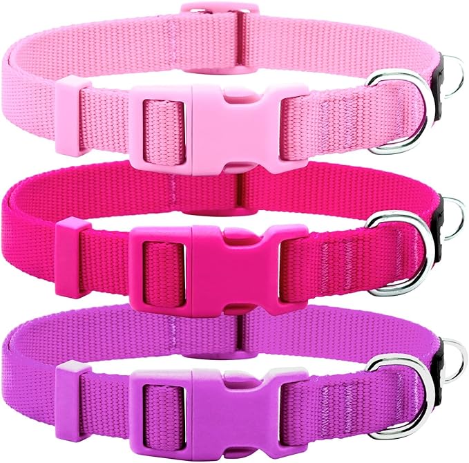 azuza 3 Pack Dog Collars Comfortable and Adjustable Nylon Dog Collars for Puppy Small Dogs, XS (8-12inch)，Pink, Hot Pink and Purple