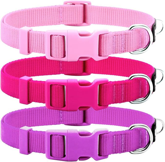 azuza 3 Pack Dog Collars Comfortable and Adjustable Nylon Dog Collars for Puppy Small Dogs, XS (8-12inch)，Pink, Hot Pink and Purple