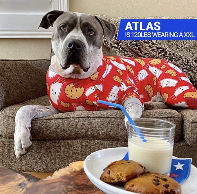 Tooth & Honey Pitbull Dog Pajamas – Red Milk & Cookie Print Onesie for Medium Dogs – Lightweight Full Coverage Dog Clothes for Shedding, Recovery & Warmth – Pullover Pajamas (Medium)