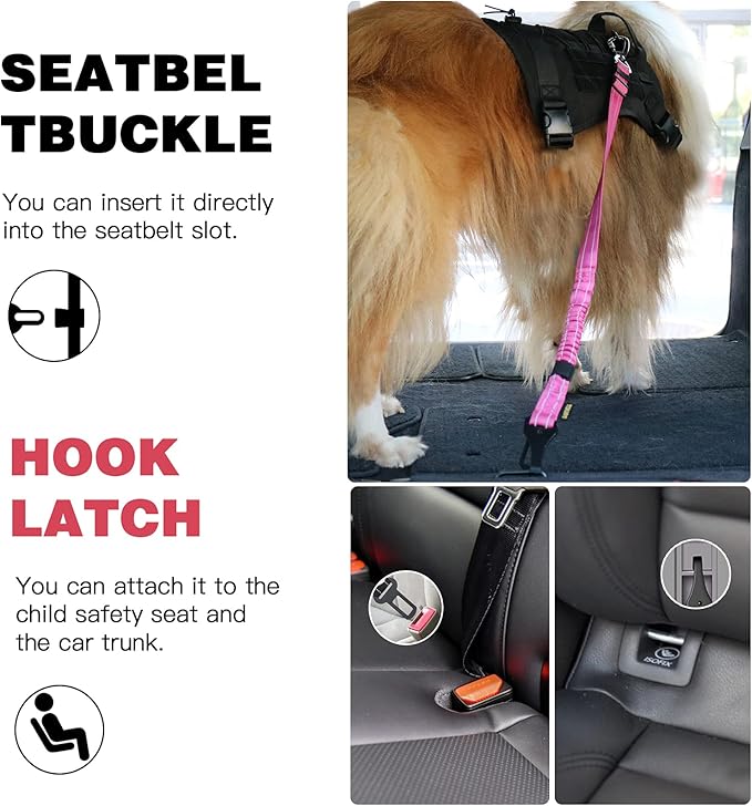 AUBELL Dog Seatbelt, Updated 3-in-1 Pet Car Seat Belt for Dogs, Bungee Dog Car Tether with Clip Hook Latch & Buckle, Heavy Duty Dog Car Harness with Swivel Aluminum Carabiner,Black+Hotpink