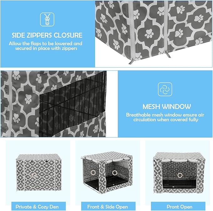 Dog Crate Cover Kennel Dogs Covers fits Small Medium Large crates cage Heavy Nylon Waterproof soundproof Indoor Outdoor - Cover only - Gray paw - 36 inch