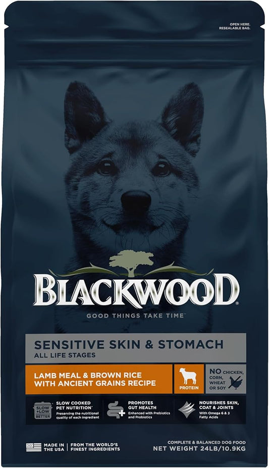 Blackwood Sensitive Skin & Stomach Dry Dog Food, Lamb Meal & Brown Rice with Ancient Grains, 24 Pound Bag with Prebiotics & Probiotics to Promote Gut Health