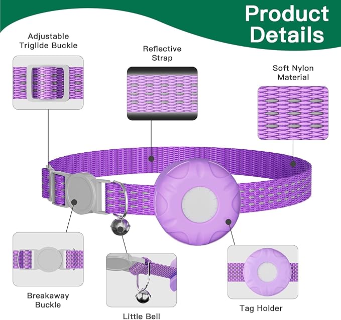 Cat Tracker Collar,No Monthly Fee Tracking Pet Collar with Finder Tag,Compatible with Apple Find My(iOS Only),Breakaway Tractive Design with Reflective Pattern & Bell,Purple