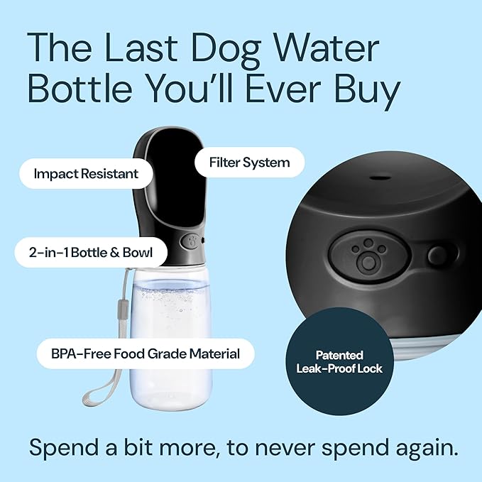 MalsiPree Leak Proof Portable Dog Water Bottle - 12 oz, Lightweight, Black Travel Pet Water Bottle with Bowl - Food Grade Plastic - Dog Walking Accessories - Doggy Trail Sip
