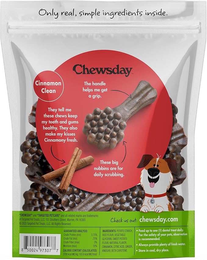 Chewsday Medium Cinnamon Clean Daily Dental Dog Chews, Made in The USA, Natural Highly-Digestible Oral Health Treats for Healthy Gums and Teeth - 28 Count