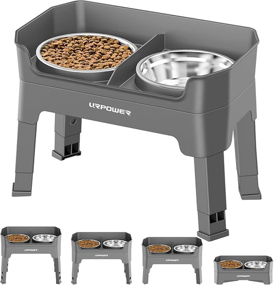 URPOWER 3-in-1 Elevated Dog Bowls - Mess Proof Double Deck 4 Height Adjustable Raised Stand with 2 Stainless Steel Food Bowls & Licking Plate for Small, Medium & Large Dogs