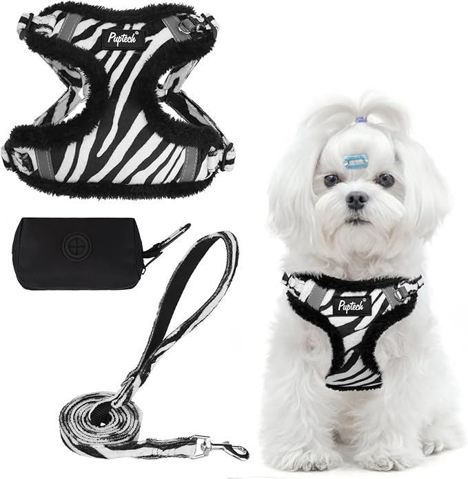 PUPTECK No Pull Dog Harness and Leash Set Reflective No Choke Step in Puppy Halter for XS Small and Medium Sized Dogs, White Zebra Print, Plush, XS