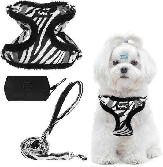 PUPTECK No Pull Dog Harness and Leash Set Reflective No Choke Step in Puppy Halter for XS Small and Medium Sized Dogs, White Zebra Print, Plush, XS