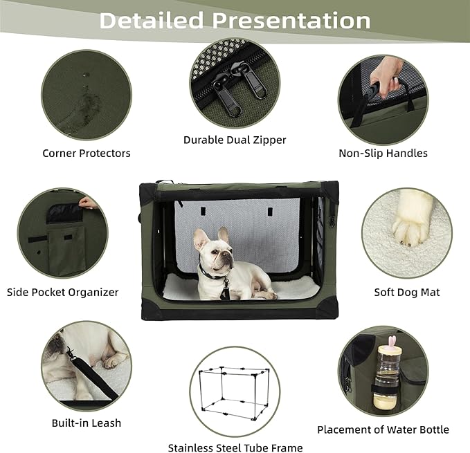 Pettycare Portable Travel Dog Crate 4-Door Soft Sided 30 Inch Collapsible Dog Crate with Curtains Durable Mesh Foldable Pet Kennel Soft Crates for Medium Dogs Indoor & Outdoor Olive Green