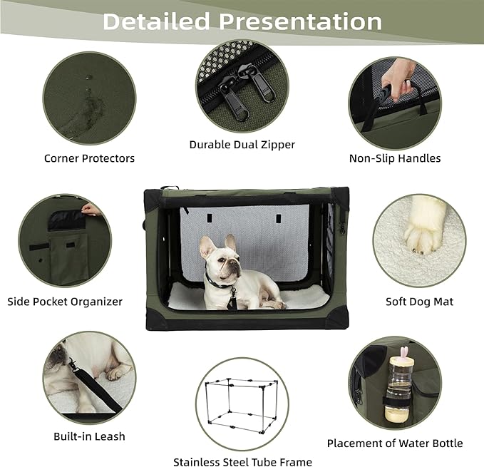 Pettycare Portable Travel Dog Crate 4-Door Soft Sided 36 Inch Collapsible Dog Crate with Curtains Durable Mesh Foldable Pet Kennel Soft Crates for Large Dogs Indoor & Outdoor Olive Green