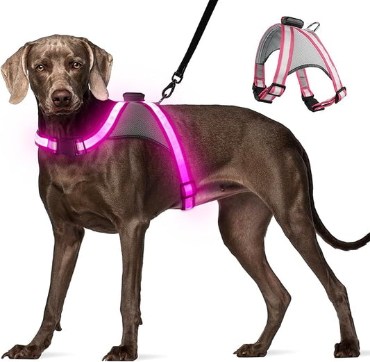 Visinite LED Dog Harness, USB Rechargeable Light Up Dog Harness Vest, 2 Illuminate Modes Glow in The Dark Dog Harness, Adjustable Lighted Dog Harness Light for Night Walking Safety (Pink, Small)
