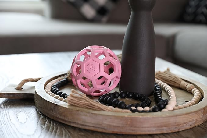 JW Pet HOL-ee Roller™, Dog Toy Puzzle Ball, Natural Rubber, Medium (4.5” Inch Diameter), Pink