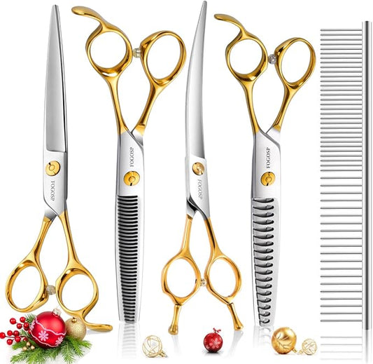 Dog Grooming Scissors Kit 4pcs 7 inch Professional Dog Grooming Shears Set Curved Thinning Straight Chunkers for Dogs Cat Pets (7 in Kit, Gold)