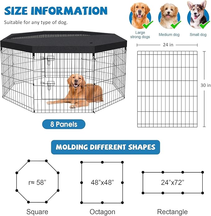 Pet Playpen Dog Pen Foldable Dog Exercise Fence 8 Panels 30 Inch Kennels Pet Playpen Options Ideal for Pet Medium Animals Outdoor Indoor (Playpen with Top Cover)